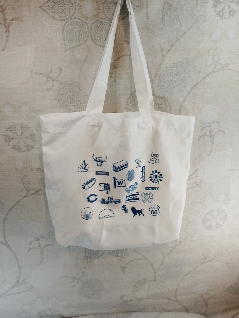 White Canvas Tote Bag with Navy Chicago Icons